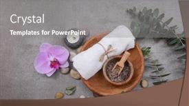  Presentation with eucalyptus leaves - Beautiful PPT layouts featuring rolled towels and salt spoon in bowl in wooden bowl eucalyptus leaves stone and candle pink orchid on grey background backdrop and a gray colored foreground