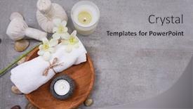  Presentation with spa concept stone - Amazing presentation theme having rolled towels and salt in wooden bowl sea salt in spoon candles stone and white orchid flowers and herbal ball on grey background spa concept place for text backdrop and a light gray colored foreground
