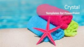  Presentation with swimming - Presentation design consisting of rolled towels in various colors near the swimming pool background and a light blue colored foreground