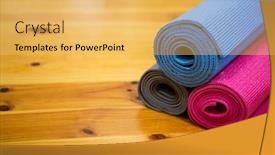  Presentation with exercise mat - Presentation design consisting of rolled-up exercise mat on wooden floor in gym background and a yellow colored foreground