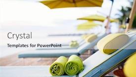  Presentation with hotel resort - Amazing slide deck having rolled-up-towels-on-sunbeds backdrop and a sky blue colored foreground