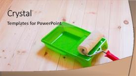  Presentation with painting walls paint roller - Amazing theme having roller brush on wood background backdrop and a  colored foreground
