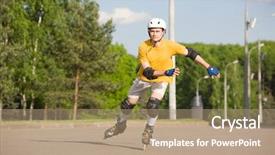  Presentation with roller skating - Beautiful presentation theme featuring roller skates - young man on rollerblades skating backdrop and a coral colored foreground