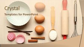  Presentation with cooking utensils - Cool new PPT theme with rolling pin flour - food ingredients and kitchen utensils backdrop and a  colored foreground