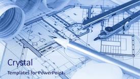  Presentation with architecture plans - Slide set featuring rolls of architecture blueprints house background and a sky blue colored foreground