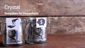  Presentation with banknotes - Amazing presentation design having rolls of dollar banknotes for different needs in glass jars on wooden table backdrop and a coral colored foreground