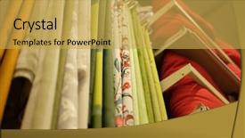  Presentation with roll fabric in store room - PPT theme featuring rolls of fabric and textiles background and a yellow colored foreground