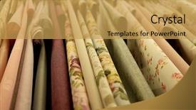  Presentation with roll fabric in store room - Slide deck consisting of rolls of fabric and textiles background and a yellow colored foreground