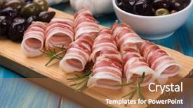  Presentation with bacon - Presentation featuring rolls of pancetta bacon served background and a red colored foreground