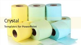  Presentation with toilet - Colorful slide deck enhanced with rolls of toilet paper isolated on white backdrop and a blonde colored foreground