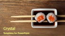  Presentation with wooden board empty table top - Theme having rolls with sauce and sticks background and a tawny brown colored foreground