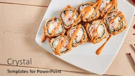  Presentation with spicy food - Slide set consisting of rolls-with-shrimps-cream-cheese background and a soft green colored foreground