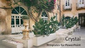  Presentation with outdoor furniture - Presentation theme featuring roman furniture - outdoor restaurant in old european background and a mint green colored foreground