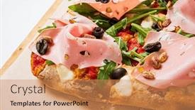  Presentation with roman - PPT theme consisting of roman-pizza-rectangular-on-wood background and a coral colored foreground