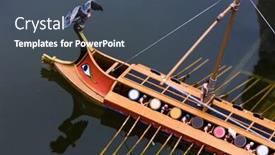  Presentation with war ship - Audience pleasing PPT theme consisting of roman-war-ship-with-rowers backdrop and a ocean colored foreground