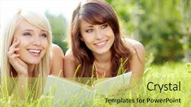  Presentation with beautiful green - Slide deck featuring romance literature - two young beautiful smiling women background and a yellow colored foreground