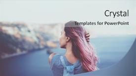  Presentation with pop art pink hair - Amazing slide deck having romanesque - woman with pink hair standing backdrop and a sky blue colored foreground