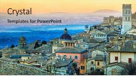 Presentation with dawn - Slide set consisting of romanesque architecture - dawn over medieval town assisi background and a blonde colored foreground