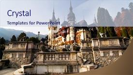  Presentation with museum artifacts tools - Beautiful PPT theme featuring romanesque art - peles museum sinaia romania backdrop and a sky blue colored foreground