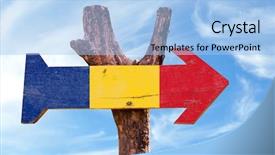  Presentation with romania - PPT theme with romania flag wooden sign background and a light blue colored foreground