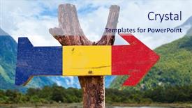  Presentation with romania - Audience pleasing slide deck consisting of romania flag wooden sign backdrop and a sky blue colored foreground