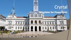  Presentation with town hall - Slide deck enhanced with romanian history - town hall reflection in arad background and a teal colored foreground