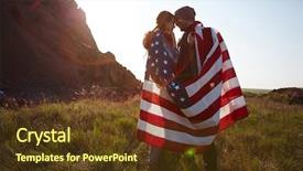  Presentation with mountain top - Slide set featuring romantic adventure of young couple standing on top of hill at sunset wrapped in american banner and looking at each other enjoying mountain hike background and a tawny brown colored foreground