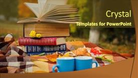  Presentation with croissant - PPT theme having romantic autumn still life with books plaid croissant coffee cups and leaves background and a tawny brown colored foreground