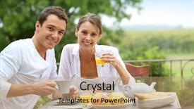  Presentation with hotel - Slide deck featuring romantic breakfast in hotel garden background and a coral colored foreground