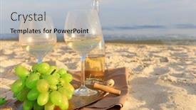  Presentation with romantic beach - Cool new PPT layouts with romantic composition of white wine and grape on sandy beach backdrop and a light gray colored foreground