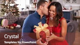  Presentation with romantic christmas - Beautiful slide deck featuring romantic couple exchanging christmas gifts backdrop and a tawny brown colored foreground