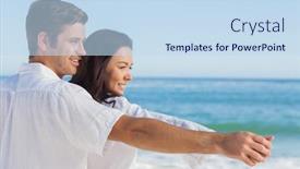  Presentation with romantic beach - Slide deck enhanced with romantic couple relaxing on the beach during the summer background and a sky blue colored foreground
