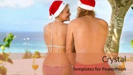  Presentation with romantic christmas - Presentation design featuring romantic couple tropical on christmas holiday smiling and looking at each other background and a coral colored foreground