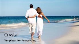  Presentation with romantic beach - Amazing PPT layouts having romantic couple walking on sandy beach vacation backdrop and a light blue colored foreground