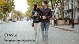  Presentation with old couple walking - Slide set with romantic couple with coffee walking background and a light gray colored foreground