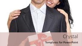  Presentation with romantic gift - Colorful theme enhanced with romantic couple with gift box people dressed in black suit beautiful woman and man isolated on white background backdrop and a lemonade colored foreground
