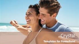  Presentation with honeymoon - Colorful PPT theme enhanced with romantic-couple-with-outstretched-arms backdrop and a coral colored foreground