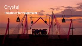  Presentation with romantic beach - PPT theme featuring romantic dinner setting on the beach at sunset background and a coral colored foreground