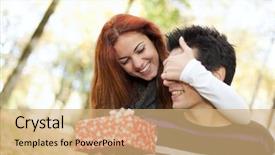  Presentation with romantic gift - Slide deck with romantic gift - woman covering the eyes background and a coral colored foreground