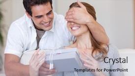  Presentation with romantic gift - Colorful PPT layouts enhanced with romantic gift - young man covering the eyes backdrop and a light blue colored foreground