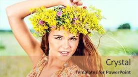  Presentation with summer flowers - Presentation design having romantic girl in a wreath of wild flowers in a field summer life beauty background and a coral colored foreground