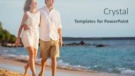  Presentation with romantic beach - PPT theme consisting of romantic happy couple walking on beach at sunset smiling with arms around each other man and woman in love background and a lemonade colored foreground