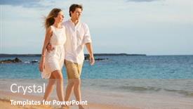  Presentation with romantic beach - Audience pleasing theme consisting of romantic happy couple walking on beach at sunset smiling with arms around each other man and woman in love backdrop and a coral colored foreground