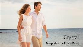  Presentation with romantic beach - Slide set consisting of romantic happy couple walking on beach at sunset smiling with arms around each other man and woman in love background and a coral colored foreground