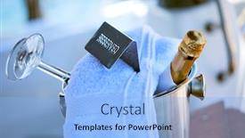  Presentation with luxury yacht - Colorful presentation design enhanced with romantic luxury evening on cruise yacht with champagne setting empty glasses and bottle with champagne and tropical sunset with sea background backdrop and a light blue colored foreground