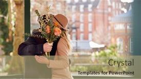  Presentation with hidden - Presentation design consisting of romantic-man-hugging-young-woman background and a coral colored foreground