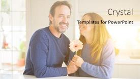 Presentation with romantic love - Beautiful presentation theme featuring romantic middle age couple holding flowers in love at home backdrop and a lemonade colored foreground