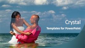  Presentation with married - Presentation theme featuring romantic newly-married couple enjoying a summer vacation young groom holding his bride in sea background and a teal colored foreground