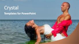  Presentation with married couple - Presentation design featuring romantic newly-married couple enjoying a summer vacation young groom holding his bride in sea background and a light blue colored foreground