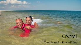  Presentation with married couple - Presentation enhanced with romantic newly-married couple enjoying a summer vacation young groom holding his bride in sea background and a coral colored foreground